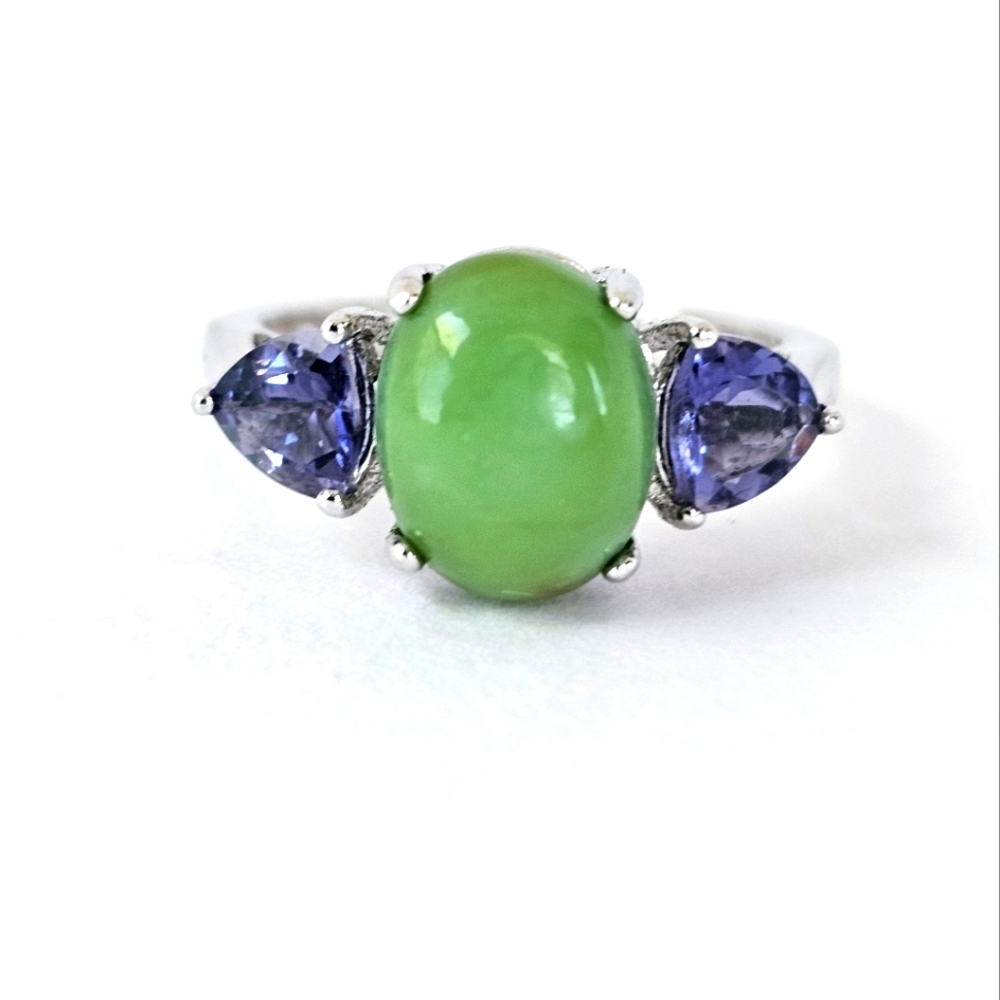 Genuine Jade & Tanzanite Ring Sterling Silver Size 6!